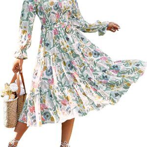 Women's Boho Flowy Long Sleeve Square Neck Floral Midi Dress Smocked Spring Fall